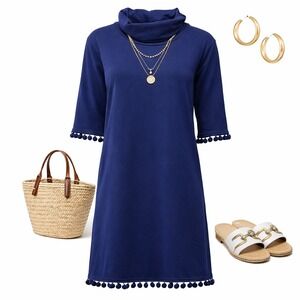Jijil‎ Italy Pom Trim Mini Dress Navy Boho Shift Silk Blend Sz S